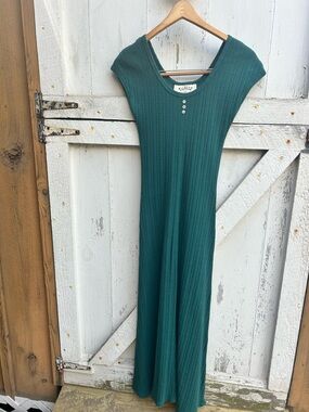 Vintage 90s 100% cotton jewel Green Ribbed Cap-Sleeve Maxi Dress small